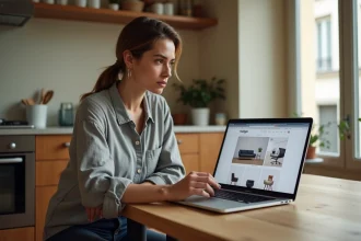 Femme consultant un site de vente de meubles en ligne sur son ordinateur portable dans une cuisine française, l'air hésitante avant de passer commande