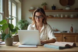 Femme aménageant sa maison avec un site de décoration sur ordinateur portable dans une cuisine chaleureuse