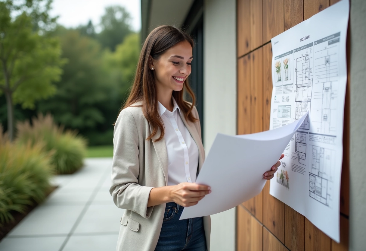 Jeune femme consultant des plans d isolation exterieure