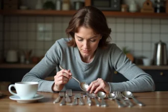 Femme examinant de l'argenterie ancienne dans la cuisine