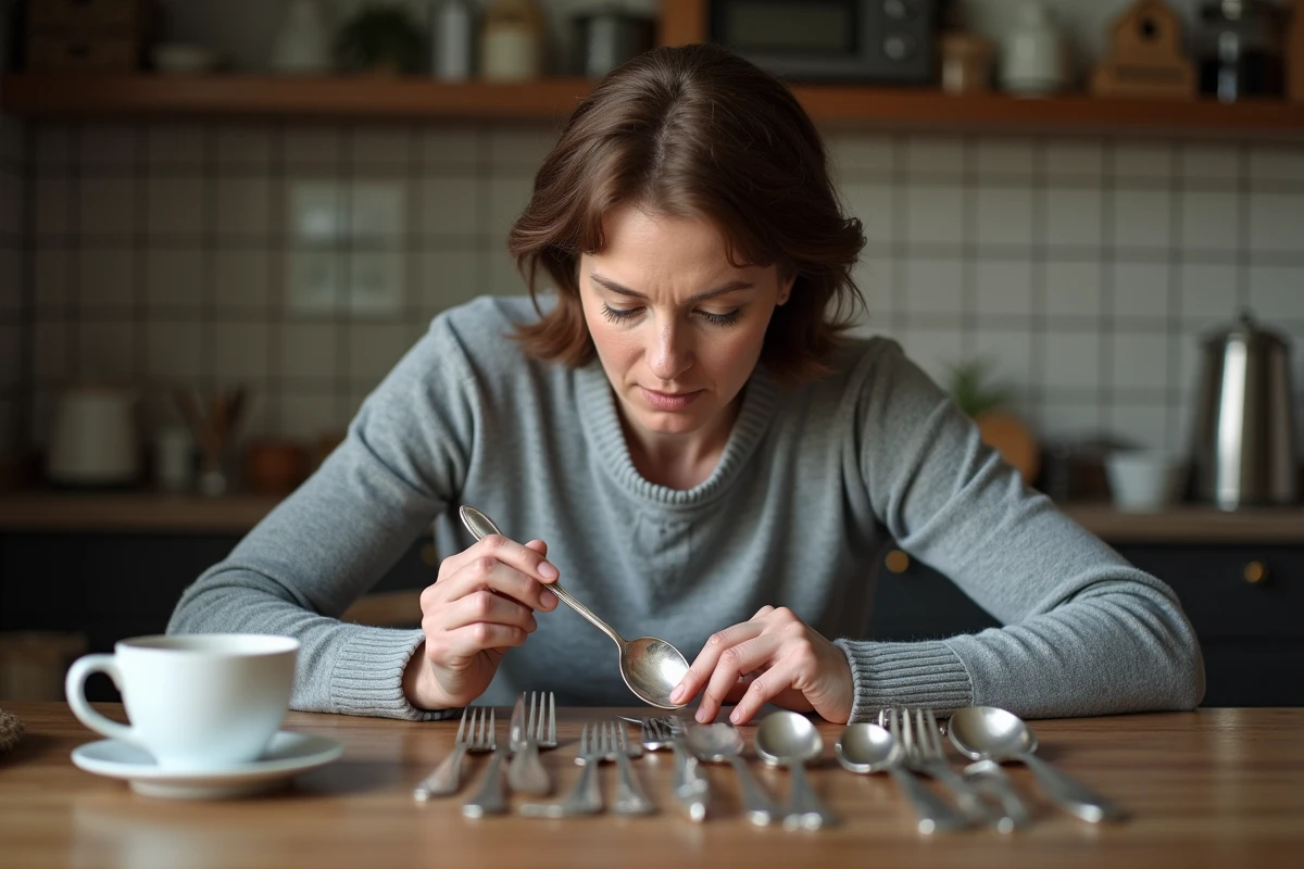 Femme examinant de l'argenterie ancienne dans la cuisine