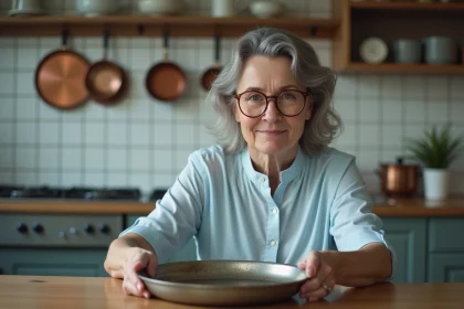 Femme d'âge moyen tenant un plateau en argent terni dans la cuisine