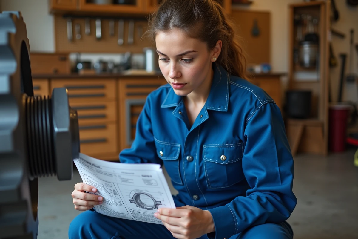 Jeune femme en combinaison mécanique étudiant un diagramme