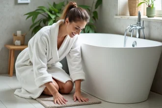 Femme en peignoir blanc posant près de la baignoire avec tapis antidérapant