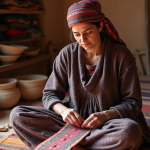 Femme berbere tissant un tapis coloré dans une pièce rustique