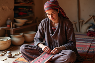 Femme berbere tissant un tapis coloré dans une pièce rustique