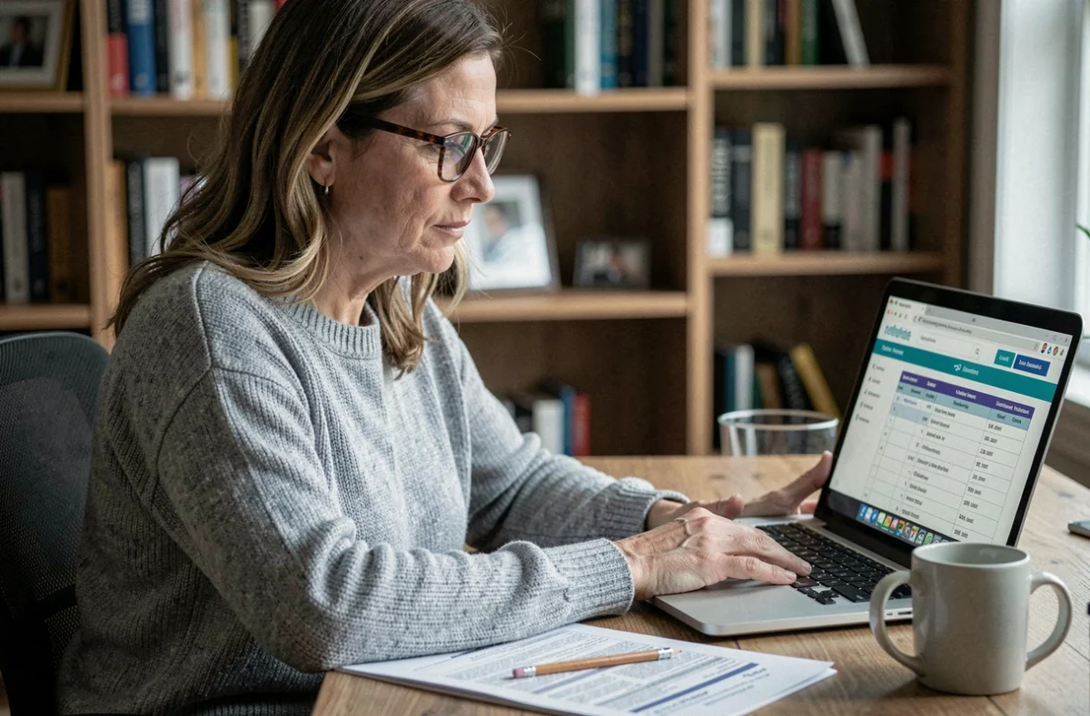 Femme préparant son budget travaux sur un site d'estimation en ligne depuis son bureau à domicile