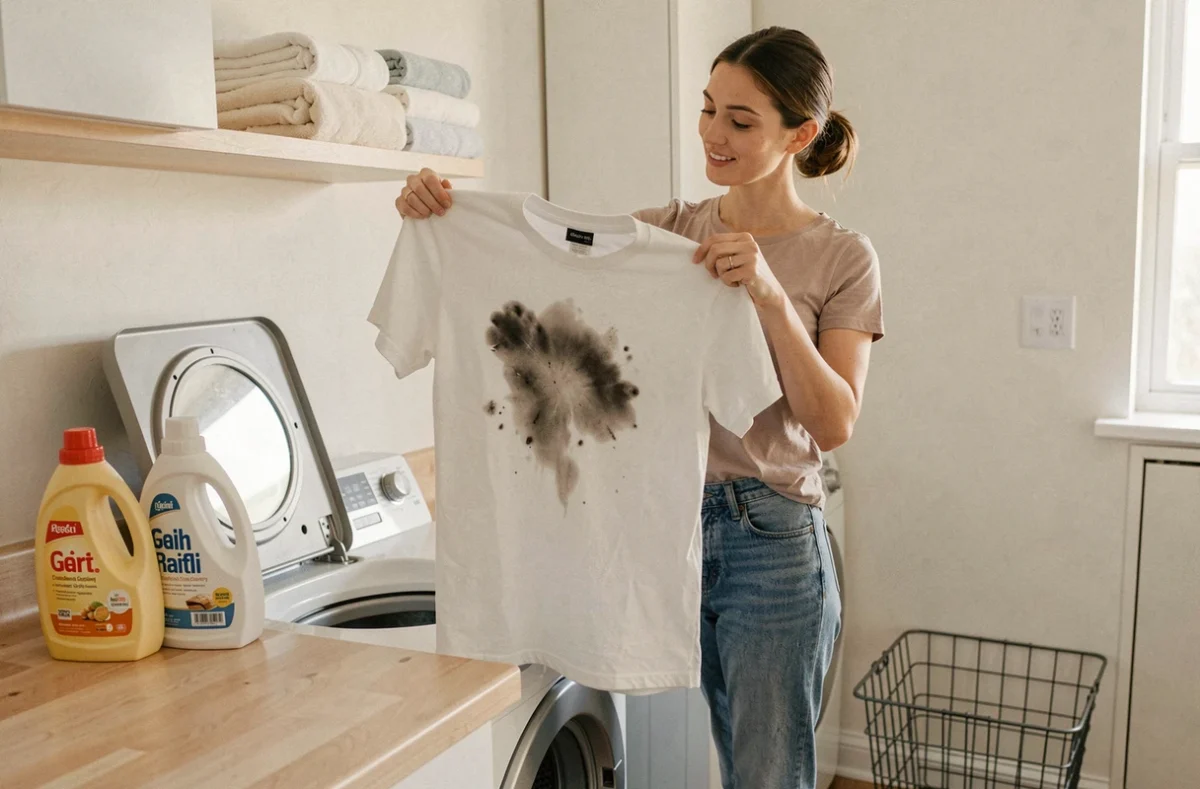 Femme examinant une chemise tachée dans une buanderie avec des bouteilles de lessive et un lave-linge en arrière-plan