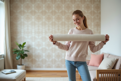 Femme examine un rouleau de papier peint géométrique dans un salon lumineux