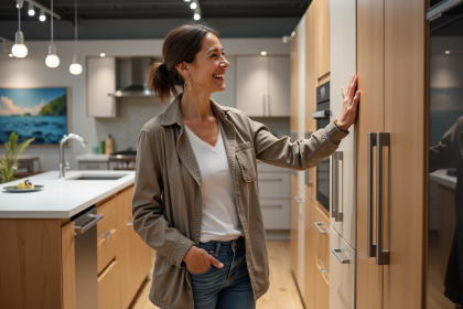 Femme comparant deux cuisines dans un showroom moderne