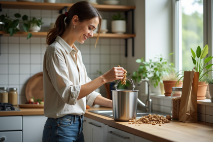 Jeune femme en cuisine urbaine avec composteur et plantes