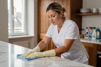 Femme de ménage professionnelle nettoyant un plan de travail en marbre dans un appartement moderne à Limoges