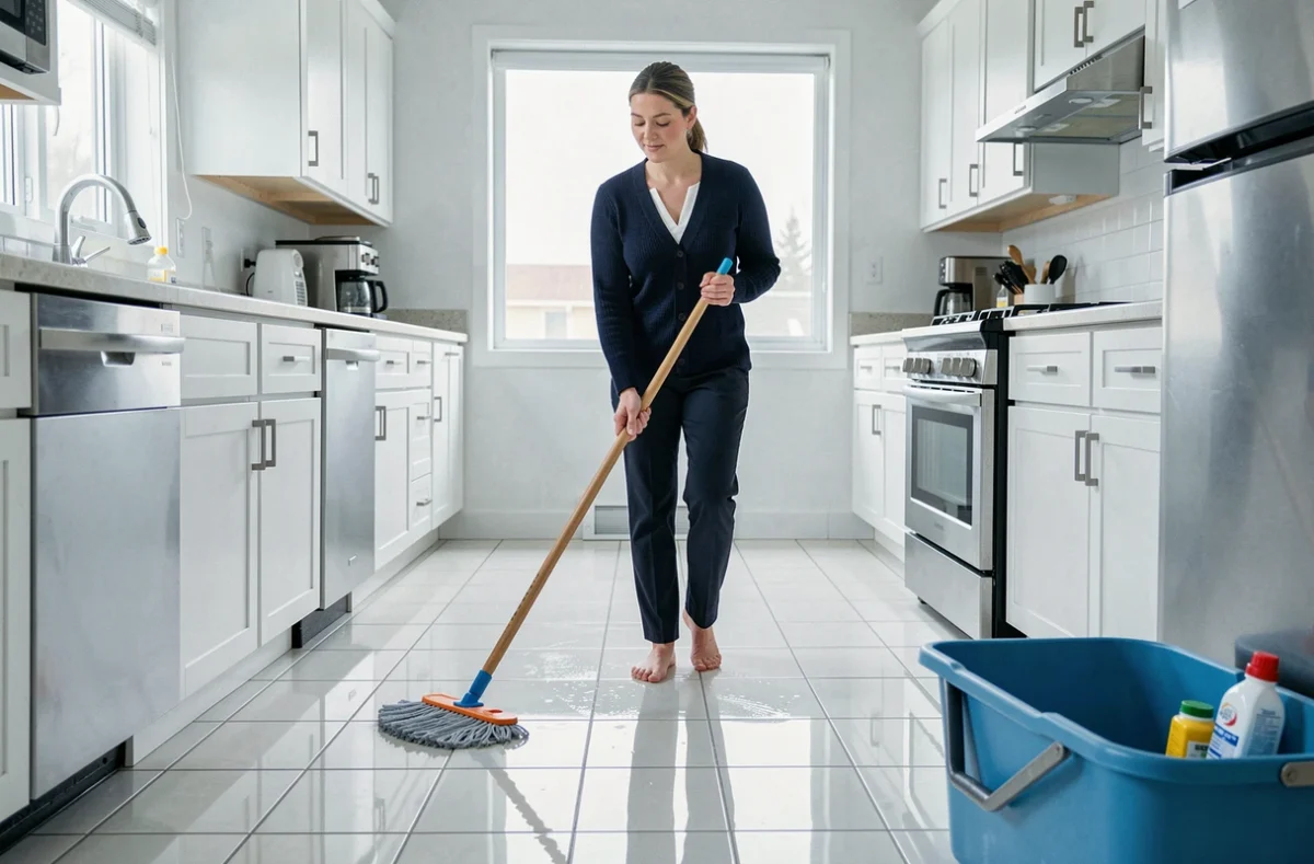 Femme de ménage nettoyant le sol d'une cuisine moderne avec une serpillière