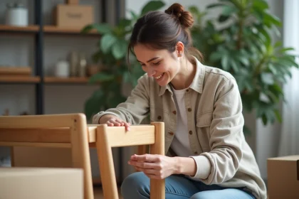 Femme déballant une chaise en bois dans un appartement moderne