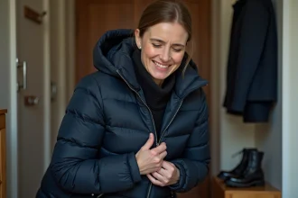 Femme tentant de débloquer une fermeture éclair coincée en bas d'une veste navy, gros plan sur les mains et le curseur