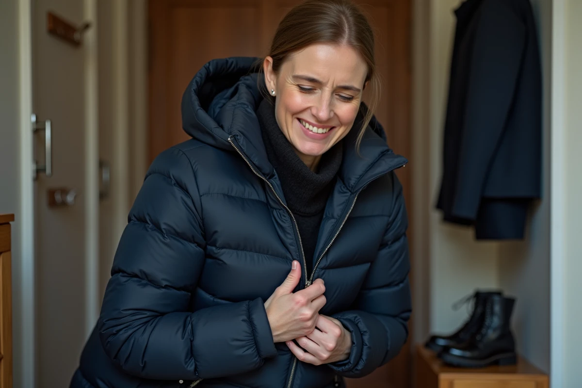 Femme tentant de débloquer une fermeture éclair coincée en bas d'une veste navy, gros plan sur les mains et le curseur