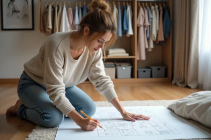Femme dessinant l'aménagement d'une chambre moderne