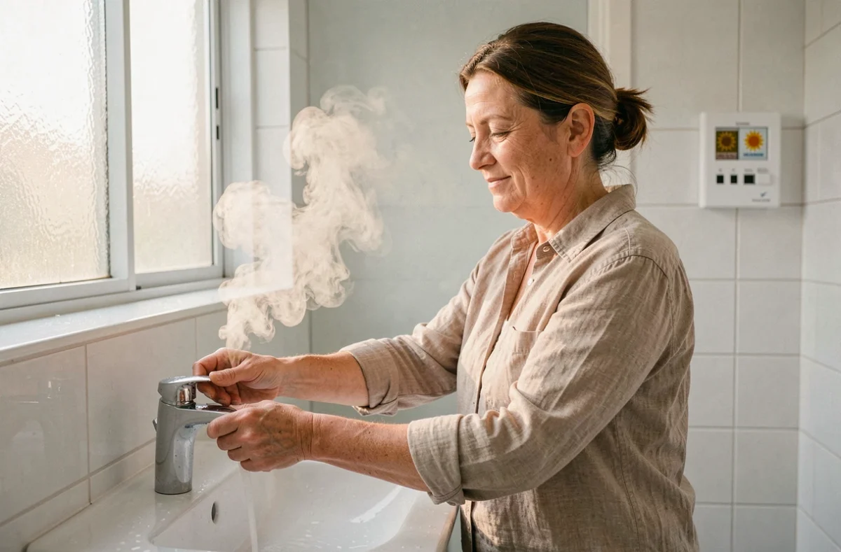 Femme utilisant l'eau chaude solaire dans une salle de bain moderne équipée d'un chauffe-eau solaire