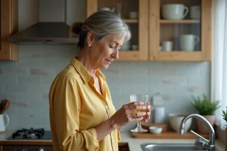 Femme regardant l'eau jaunie du robinet dans la cuisine