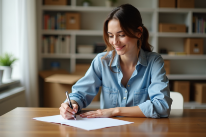 Femme écrivant une lettre dans un appartement en transition
