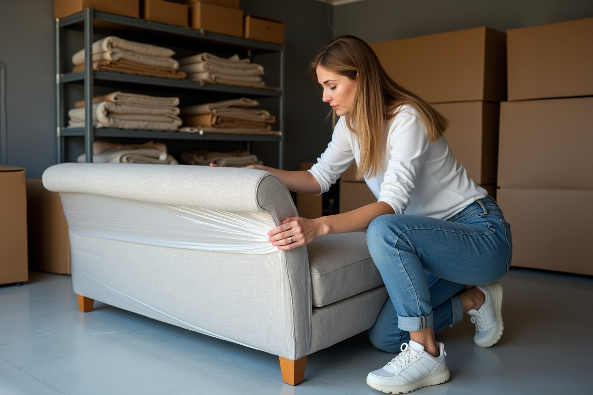 Femme emballant un canapé dans un garage pratique
