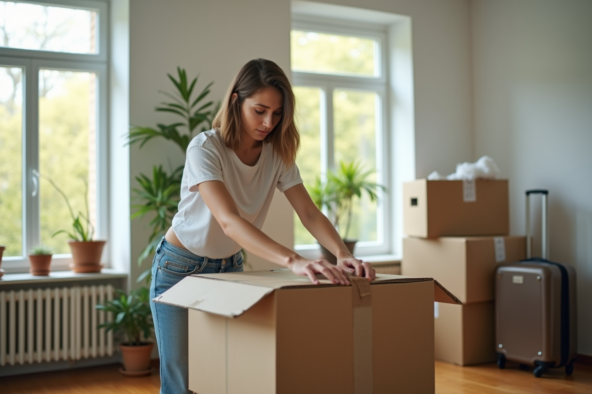 Jeune femme emballant des cartons dans un appartement lumineux