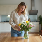 Femme arrangeant des fleurs dans une salle à manger lumineuse