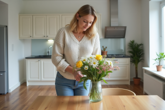Femme arrangeant des fleurs dans une salle à manger lumineuse