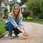 Femme crouchant avec gravier décoratif dans un jardin