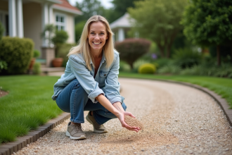 Femme crouchant avec gravier décoratif dans un jardin