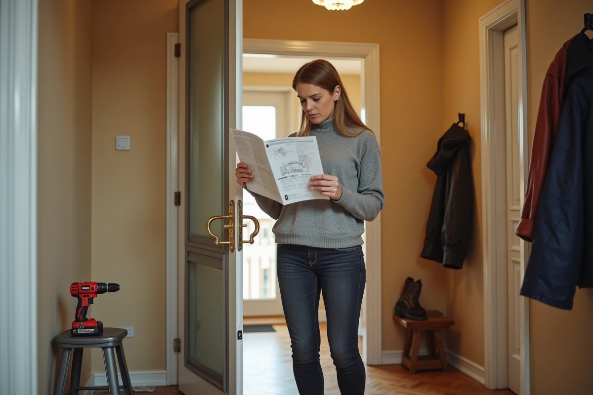 Femme consultant un guide technique d'installation avant de percer une porte blindée dans une entrée résidentielle