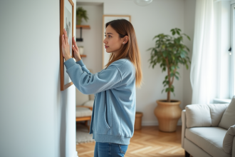 Femme ajustant une œuvre d'art dans un salon lumineux