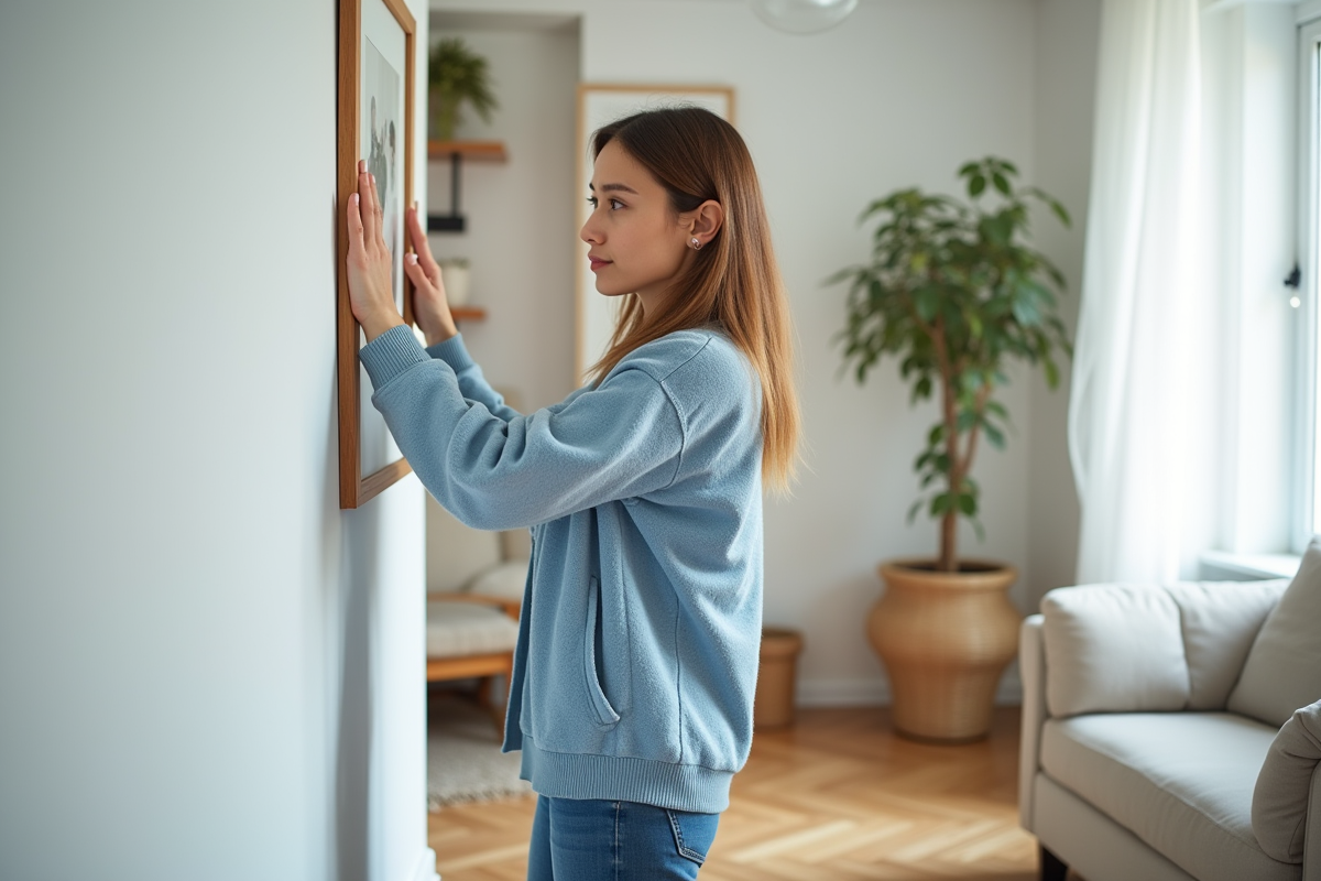 Femme ajustant une œuvre d'art dans un salon lumineux