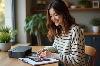 Jeune femme place des photos dans un album à la maison