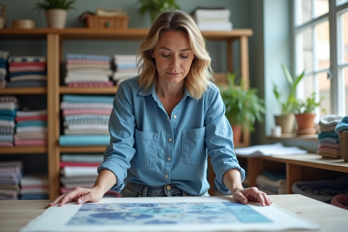 Femme concentrée pressant un tissu imprimé dans un atelier créatif