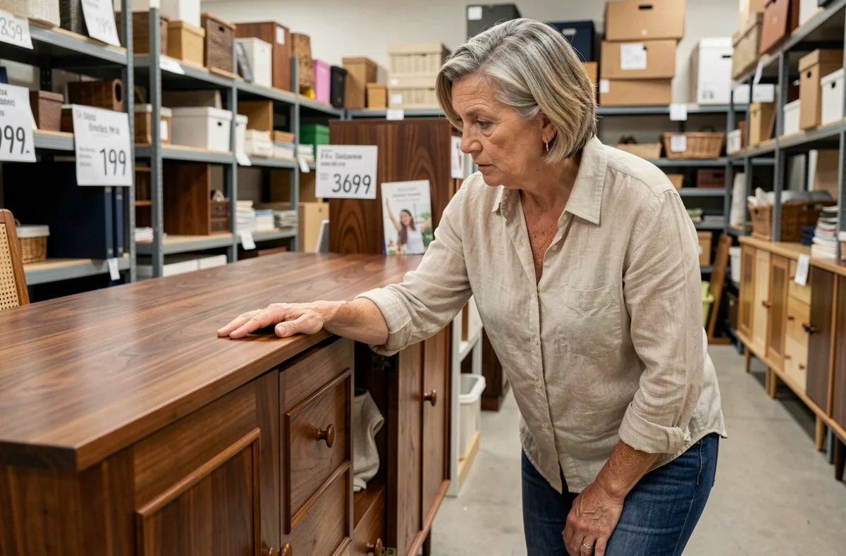Femme inspectant un buffet scandinave d'occasion dans une boutique Emmaüs, meuble en noyer vintage