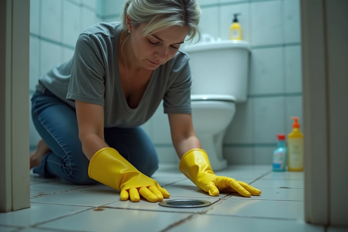 Femme adulte inspectant un siphon de sol dans une salle de bain pour détecter une infestation de mouches à drains