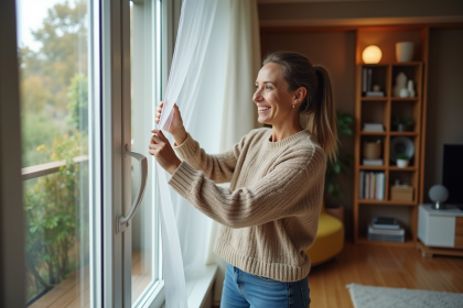 Femme isolant une grande fenêtre avec film plastique dans un salon chaleureux