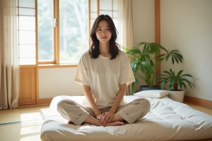 Jeune femme japonaise relaxee sur futon en tatami