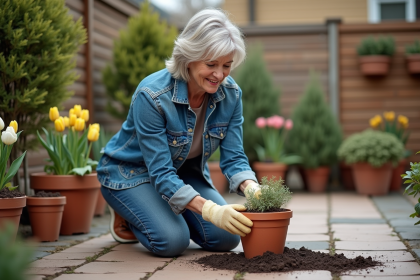 Femme en denim plantant des tulipes dans un pot de jardin
