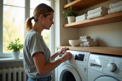 Femme perplexe devant un lave-linge moderne dans une buanderie