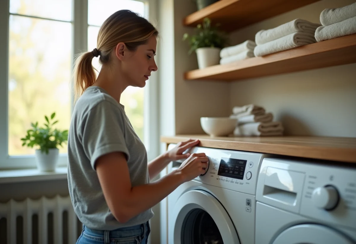 Femme perplexe devant un lave-linge moderne dans une buanderie