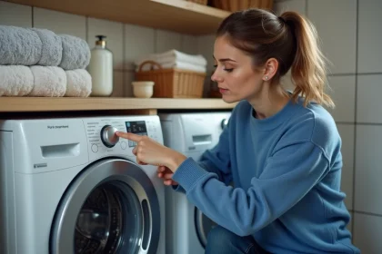 Femme regardant le panneau de lave linge dans une buanderie chaleureuse