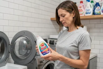 Femme lisant l'étiquette d'une lessive devant un lave-linge ouvert dans une buanderie moderne