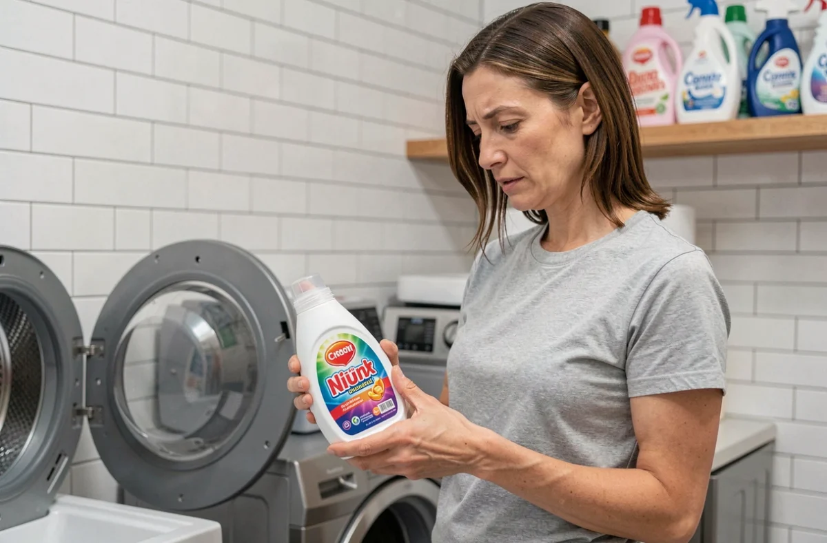 Femme lisant l'étiquette d'une lessive devant un lave-linge ouvert dans une buanderie moderne