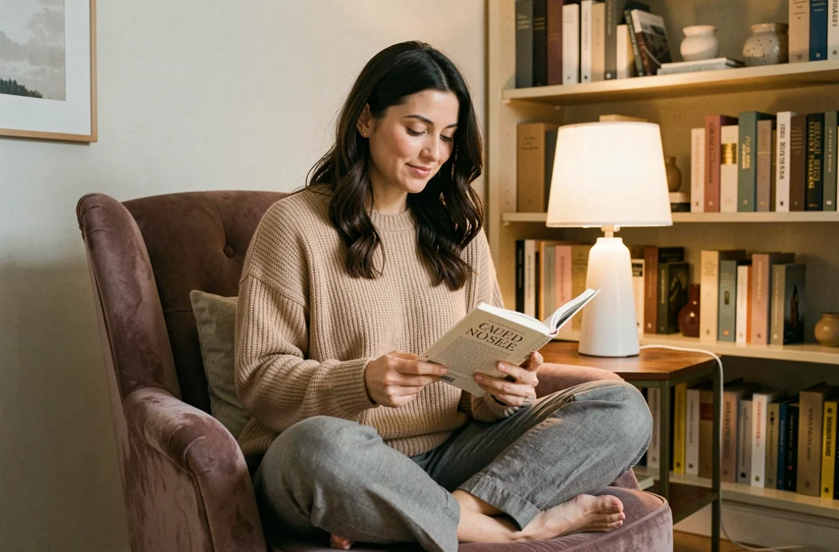 Femme lisant dans un fauteuil sous une lampe blanc chaud dans un salon chaleureux