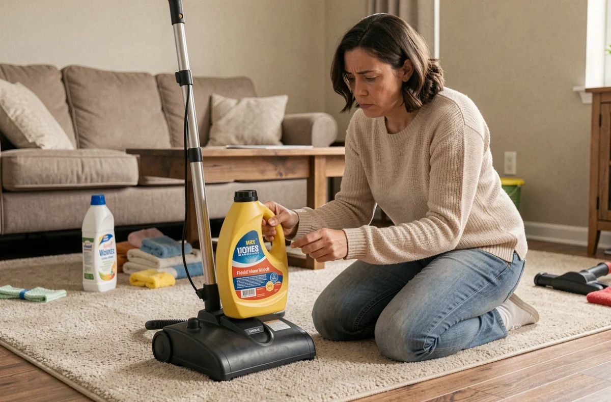 Femme lisant l'étiquette d'une bouteille de lessive à côté d'une shampouineuse sur un tapis de salon