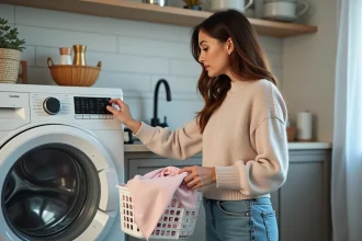 Femme choisissant un foulard en linge dans une buanderie moderne