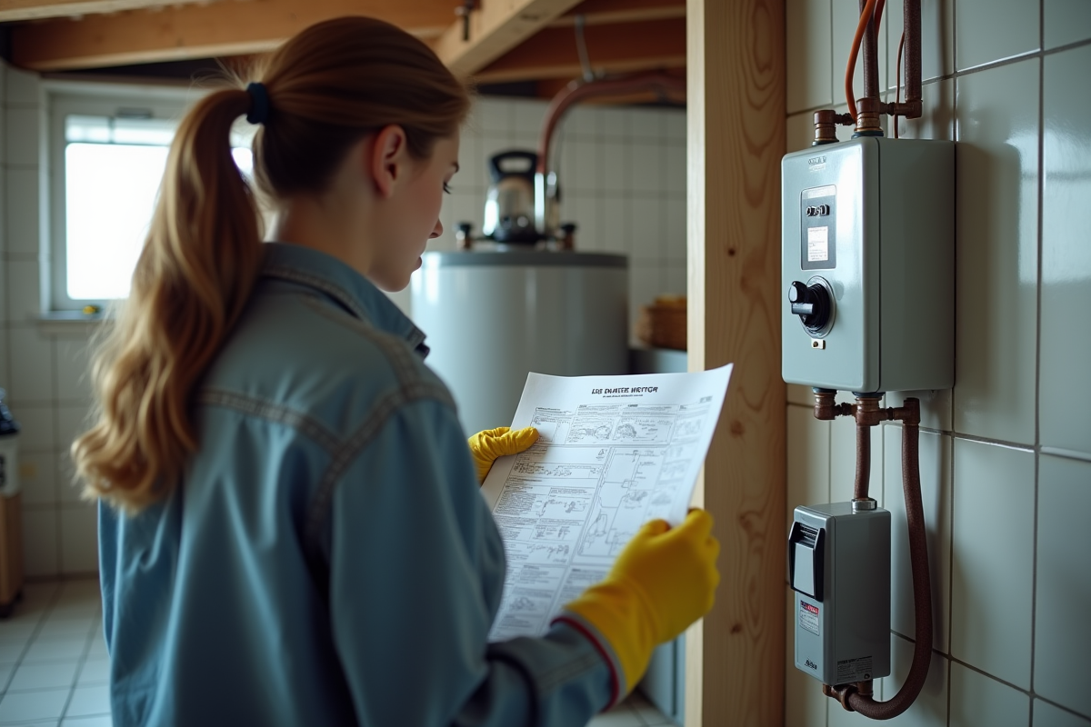 Jeune femme vérifiant un schéma électrique près d