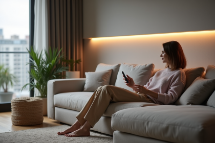 Jeune femme ajustant la couleur LED dans un salon moderne